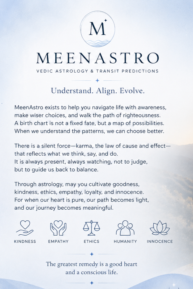 A promotional flyer for MeenAstro, a company offering Vedic astrology and transit predictions. The flyer emphasizes understanding, aligning, and evolving through astrology and features icons representing kindness, empathy, ethics, humanity, and innocence.