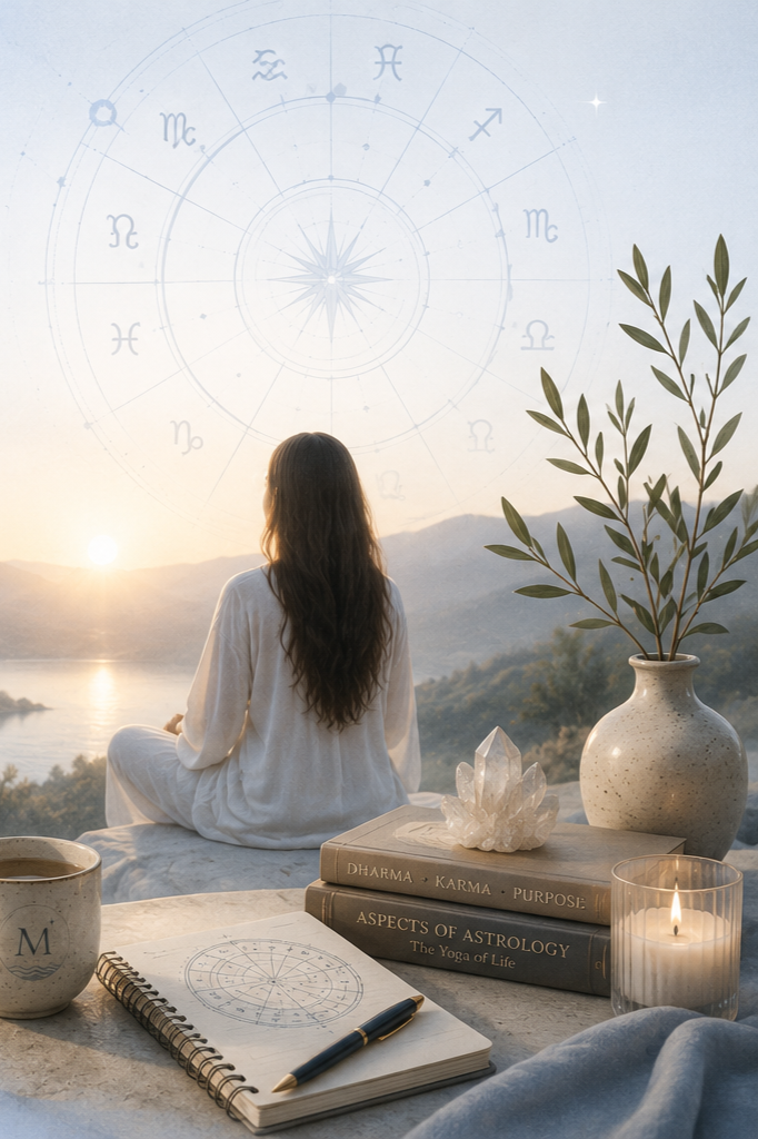 A woman with long dark hair sitting outdoors at sunrise or sunset, facing away towards a view of mountains and a lake, with an astrological chart and zodiac symbols overlayed in the sky. On the table in front are books on astrology, a crystal, a lit candle, a notebook with an astrological chart, and a mug, with a vase of green foliage nearby.