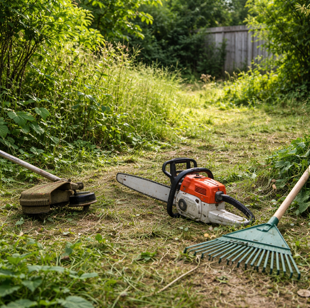 overgrown shrubs cleared revealing restored backyard