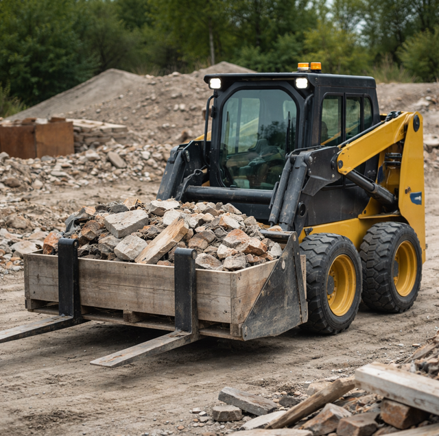 Mini skid steer loading scrap metal inside dump trailer