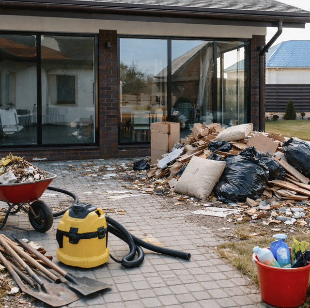 cluttered abandoned house interior filled with old furniture and debris