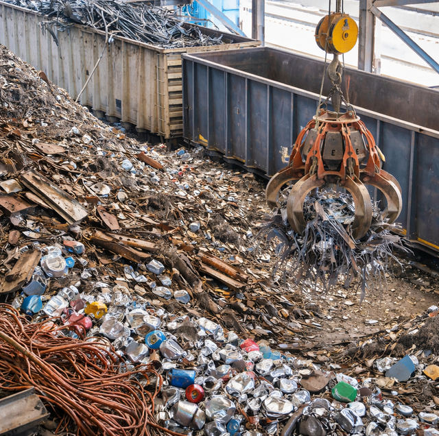 stacked scrap metal bundles beside industrial recycling bin