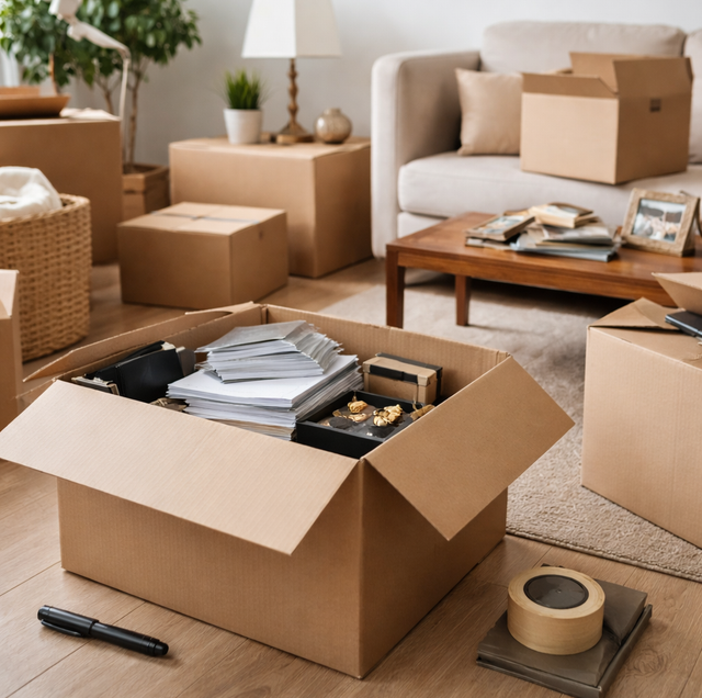 cluttered living room with packed boxes and family sorting belongings