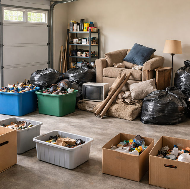 crowded garage with junk sorted into labeled piles
