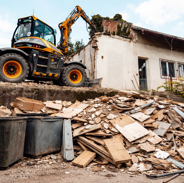 pile of renovation debris with broken drywall and tile