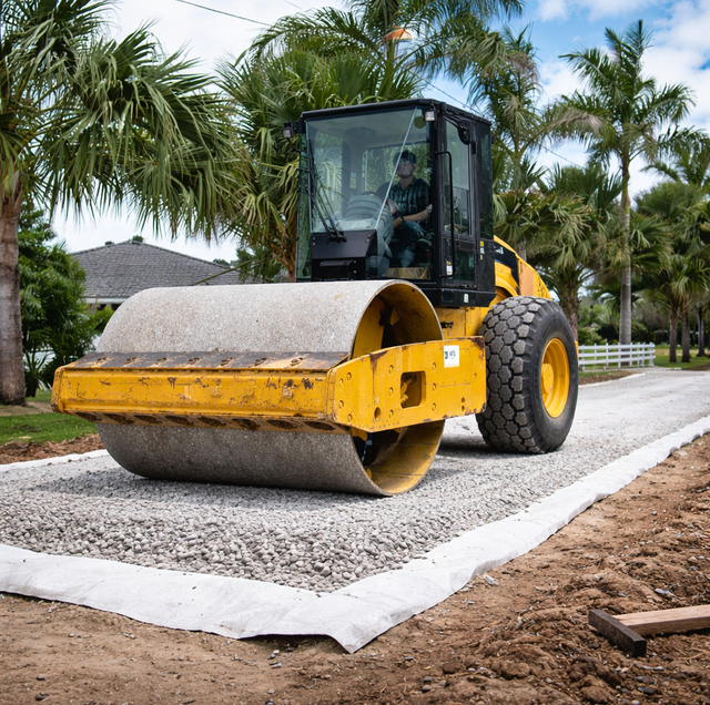 gravel driveway installer compacting base layers with roller