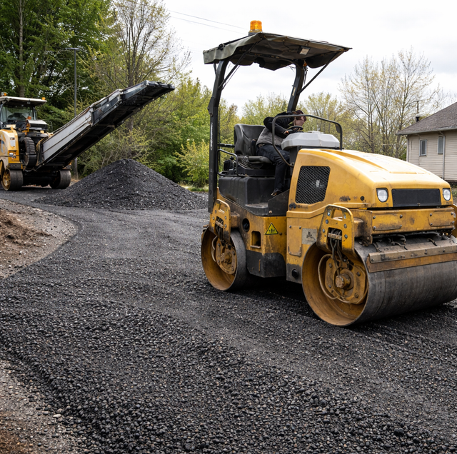 freshly laid asphalt millings driveway compacted by roller