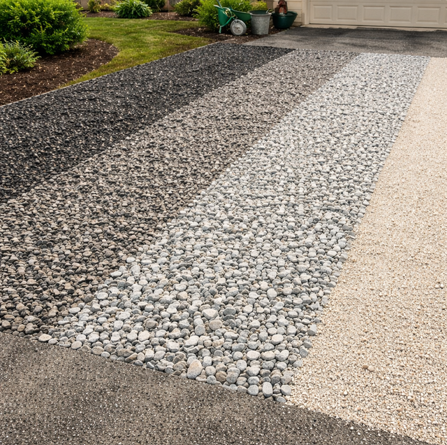 gravel driveway with six stone piles laid out