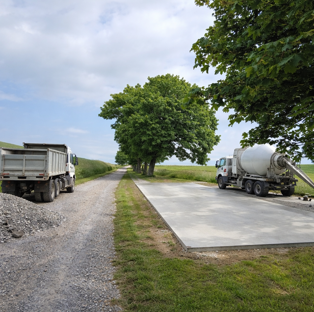 long rural concrete driveway stretching toward distant farmhouse