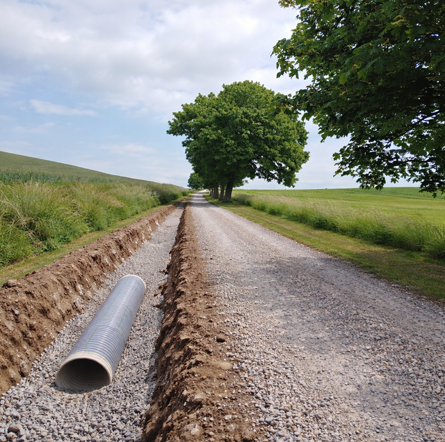 gravel driveway puddle beside perforated French drain pipe