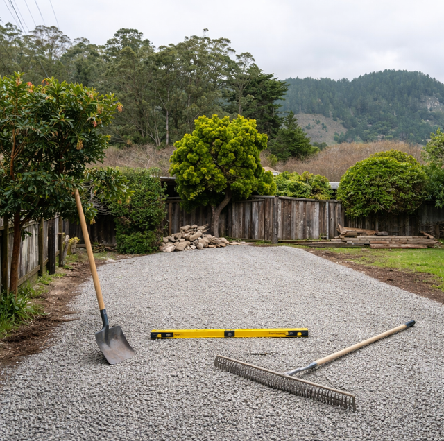 flat Florida lot gravel driveway crowned for drainage