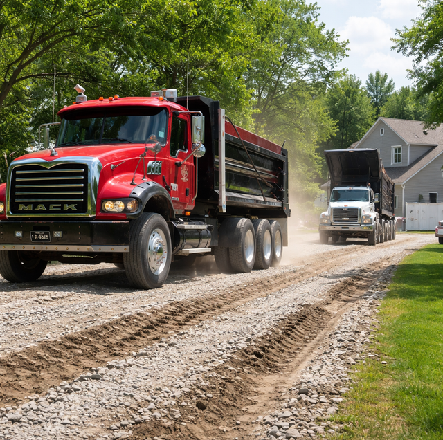 gravel driveway with deep tire ruts and crumbled edge