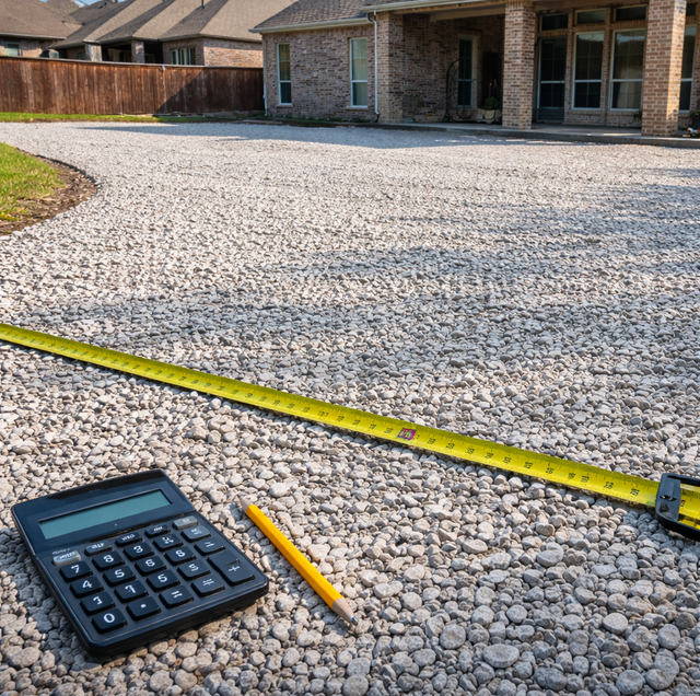 Contractor measuring gravel driveway with tape measure