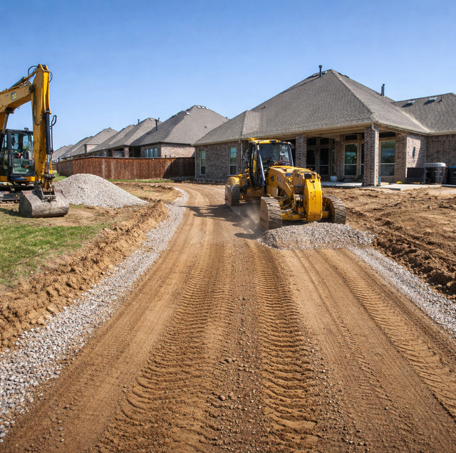 yard graded into wide driveway corridor with street tie-in