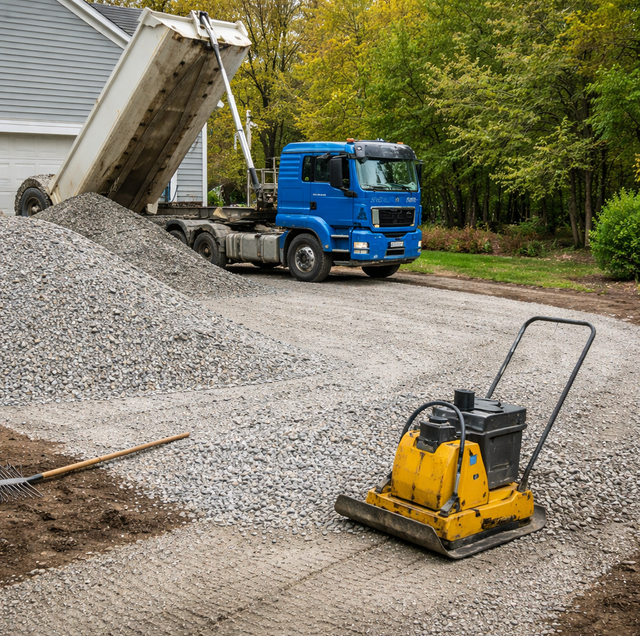 dump truck dumping gravel onto driveway base