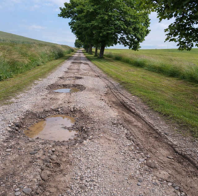 Deep gravel driveway ruts carving through packed stone