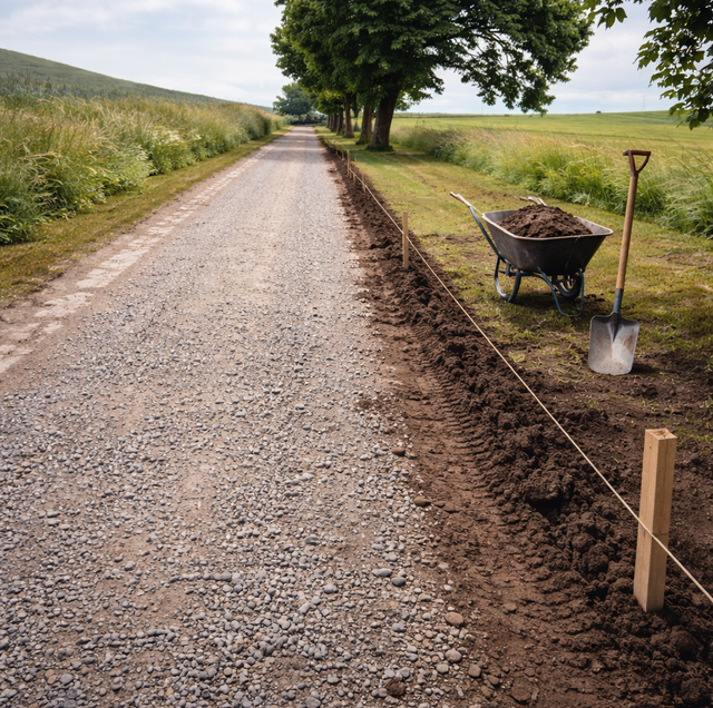 gravel driveway re-edged with fresh stone and steel border