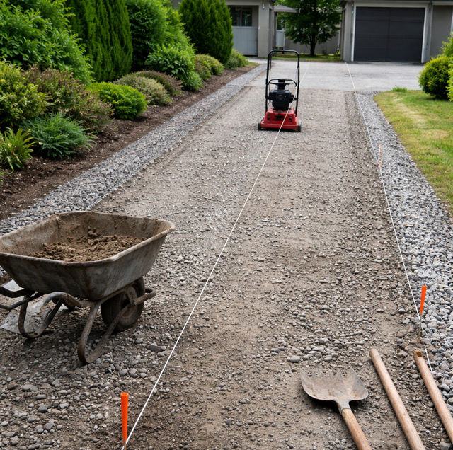 weathered gravel driveway with tire ruts and scattered stones