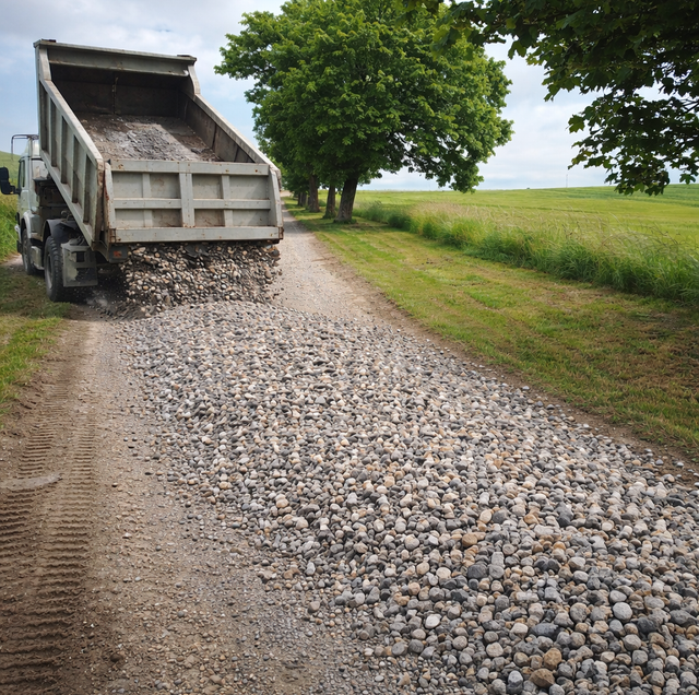 gravel stones sinking into rain-soaked bare dirt