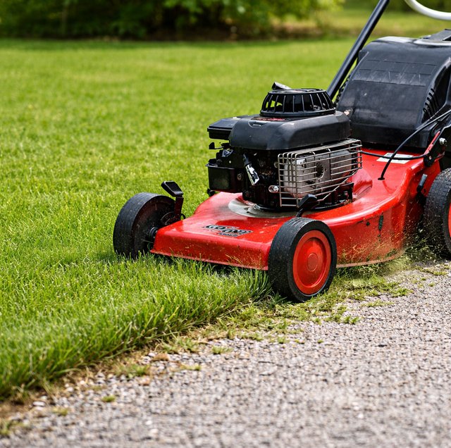 lawn mower tossing loose gravel into grass edge