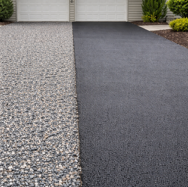 asphalt driveway with shallow cracks and sun exposure