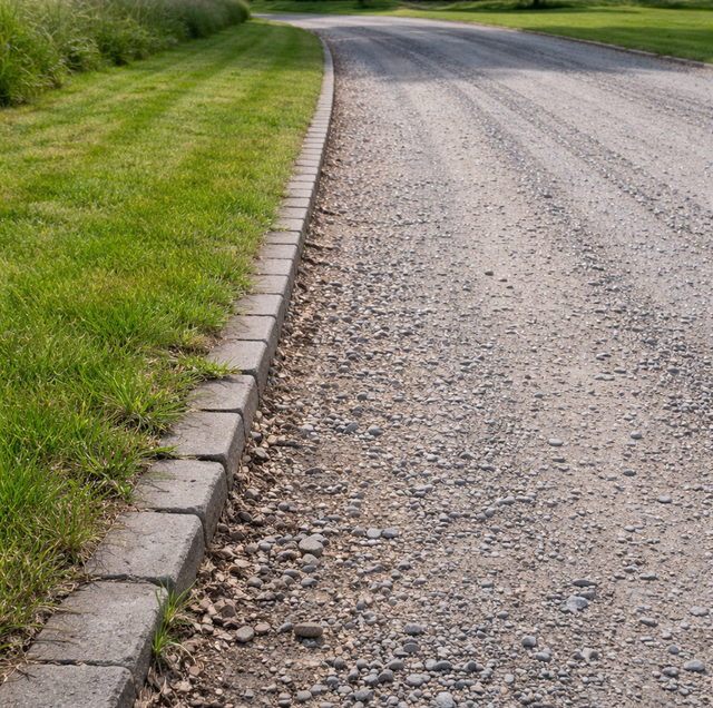 gravel driveway edge erosion with tire tracks down center