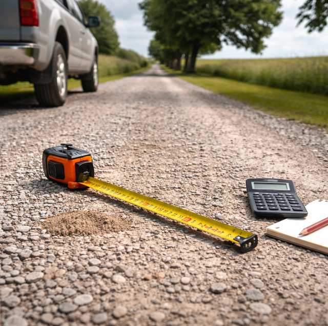 person measuring gravel driveway with tape measure and calculator
