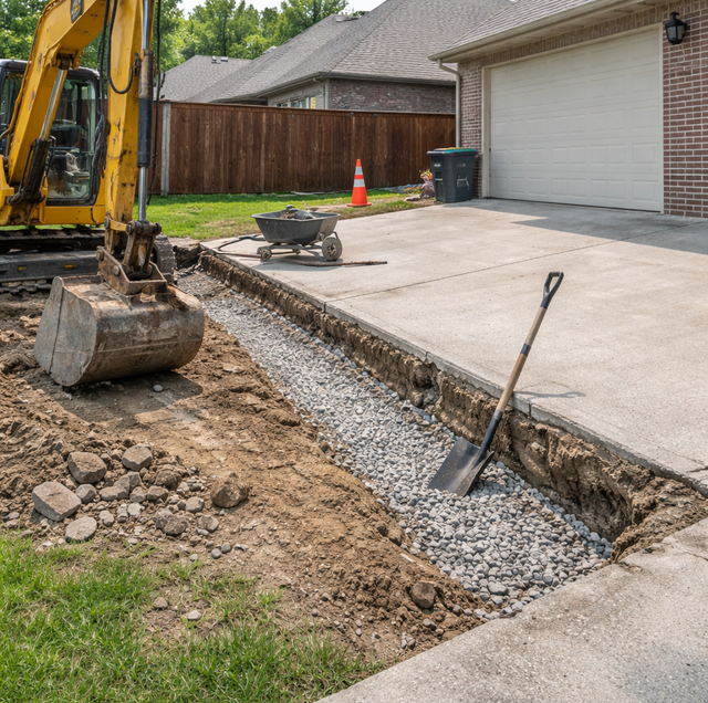 fresh gravel washout channel beside driveway edge