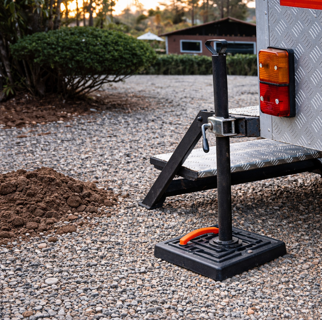 stabilized stone base under parked fifth-wheel trailer