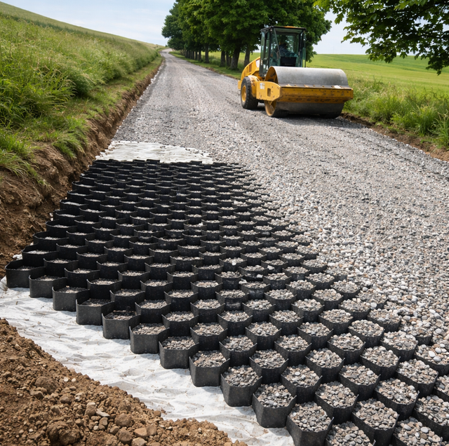 steep gravel driveway with erosion ruts during heavy rain