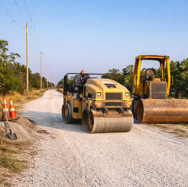 gravel piles beside shovel on sandy Florida driveway