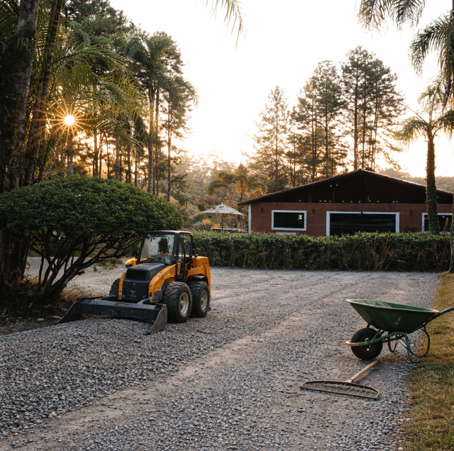 gravel driveway with tire ruts and sparse stones