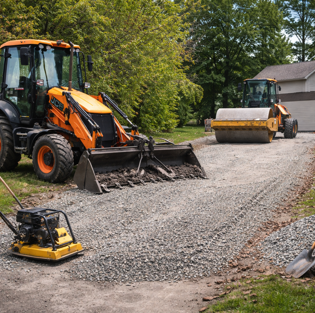 excavator smoothing crushed stone driveway after rainfall