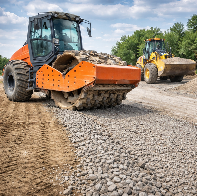 fresh gravel seam beside settled tire-worn driveway strip