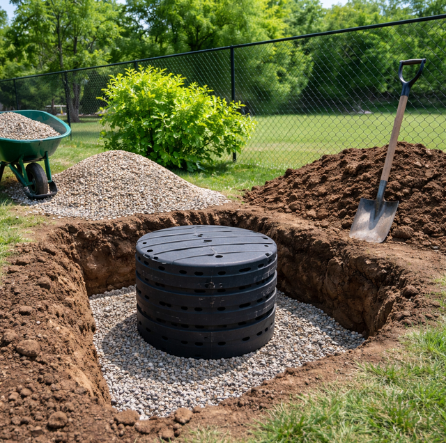 dry well gravel pit after heavy rain in backyard