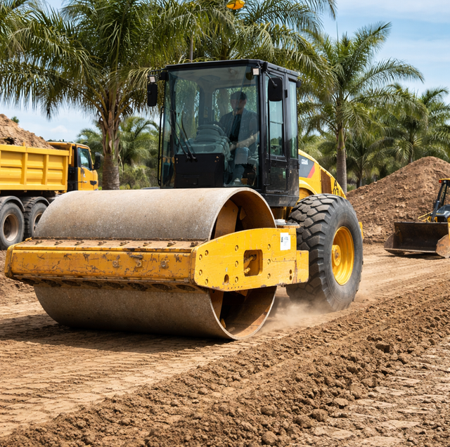 excavator compacting soil in thin layers beside loader