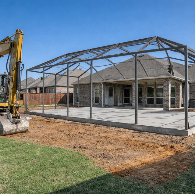 aluminum pool cage frame bolted to concrete deck slab