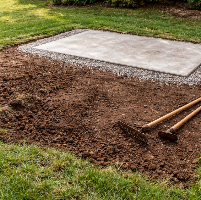 compacted gravel shed pad with exposed soil border