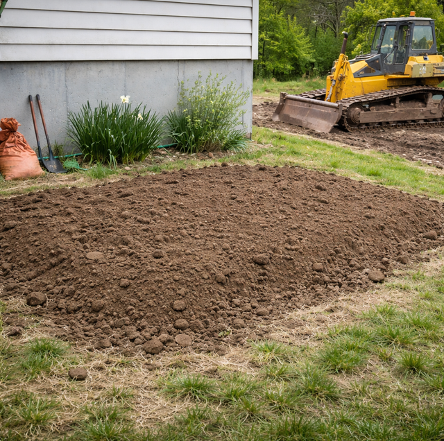 raised lot with fill dirt shedding runoff toward neighbor's fence