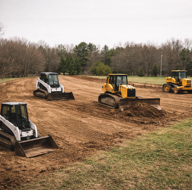 compact excavator shaping sloped backyard near patio