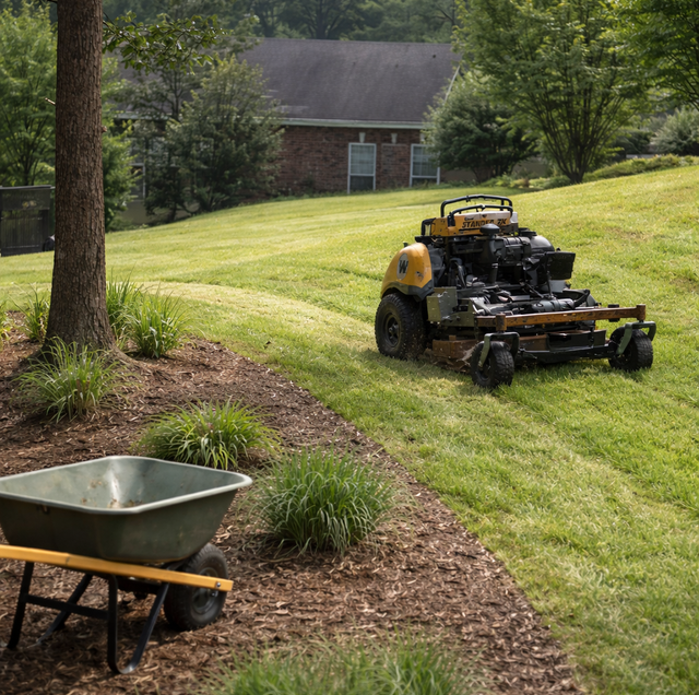 Lawn mower tracks over sloped yard at dusk