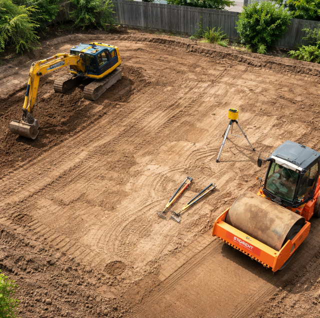 surveyor kneeling with laser level in excavated yard
