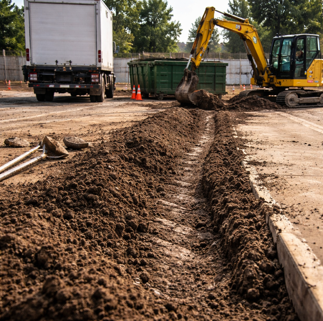 yard rut after truck tracks compacted soil