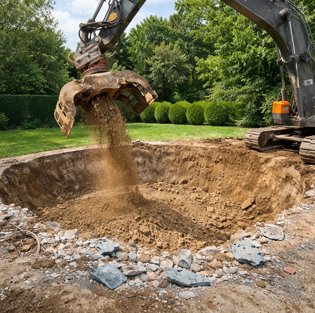 backyard pit of loose fill settling into depression