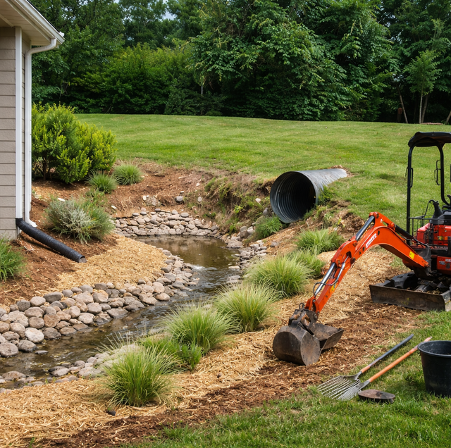 rain-soaked swale and berm redirecting downspout outflow