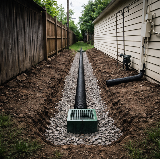 narrow muddy side yard between two houses