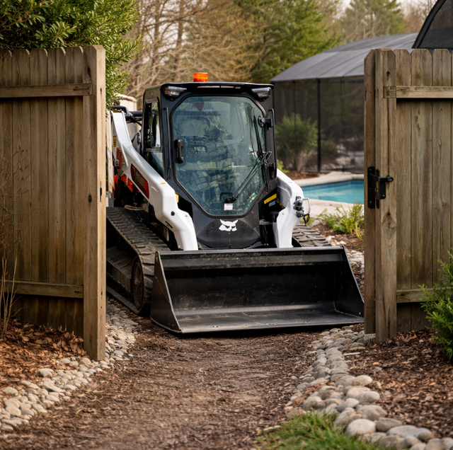 compact utility loader passing through residential gate gap