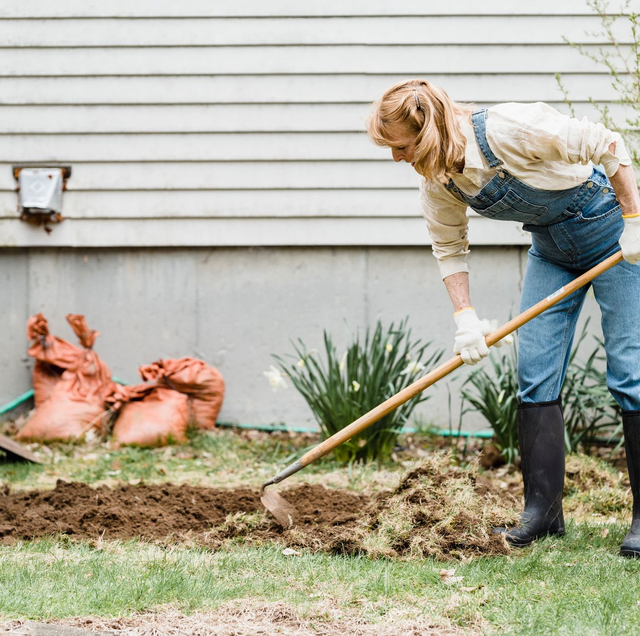 homeowner raking compost over uneven backyard lawn