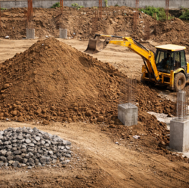 excavator dumping dark brown fill dirt into hole