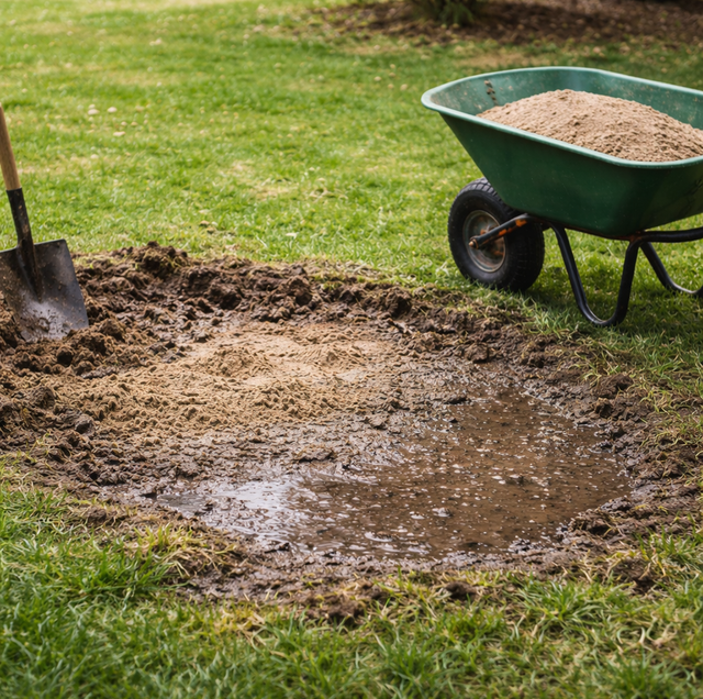 Waterlogged lawn with dumped sand patch cracking dry